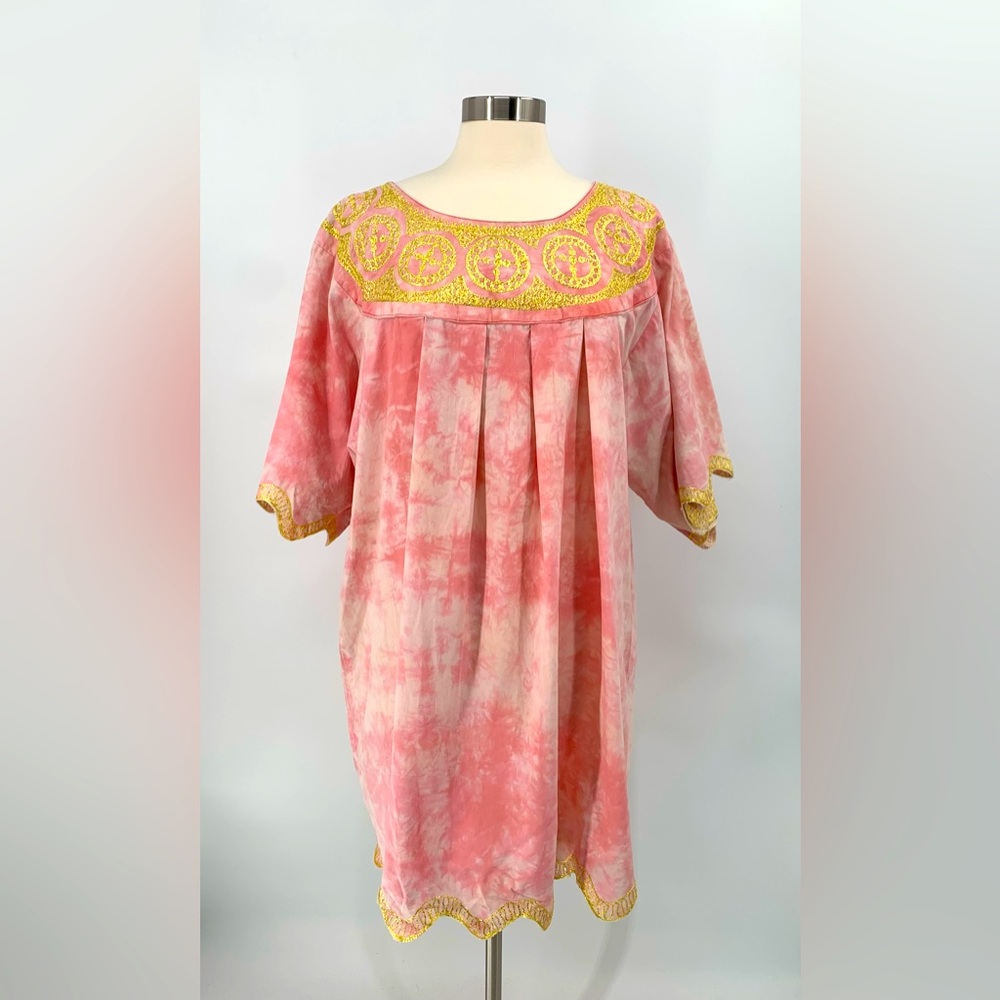 VTG 80s - Boho Pink Tie-Dye Kaftan Tunic Dress